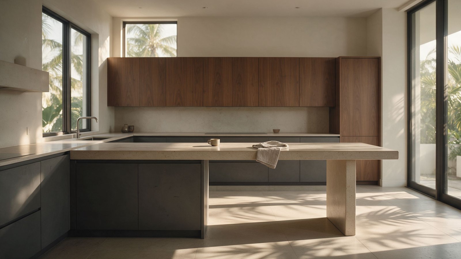 Handleless charcoal and walnut kitchen in morning light