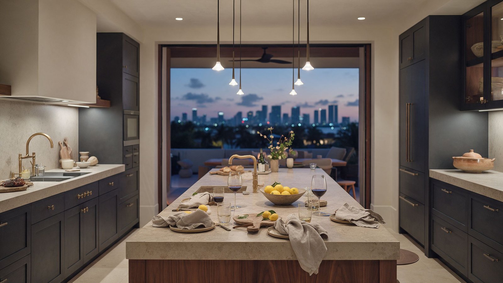 Italian-style kitchen island set for dinner at dusk