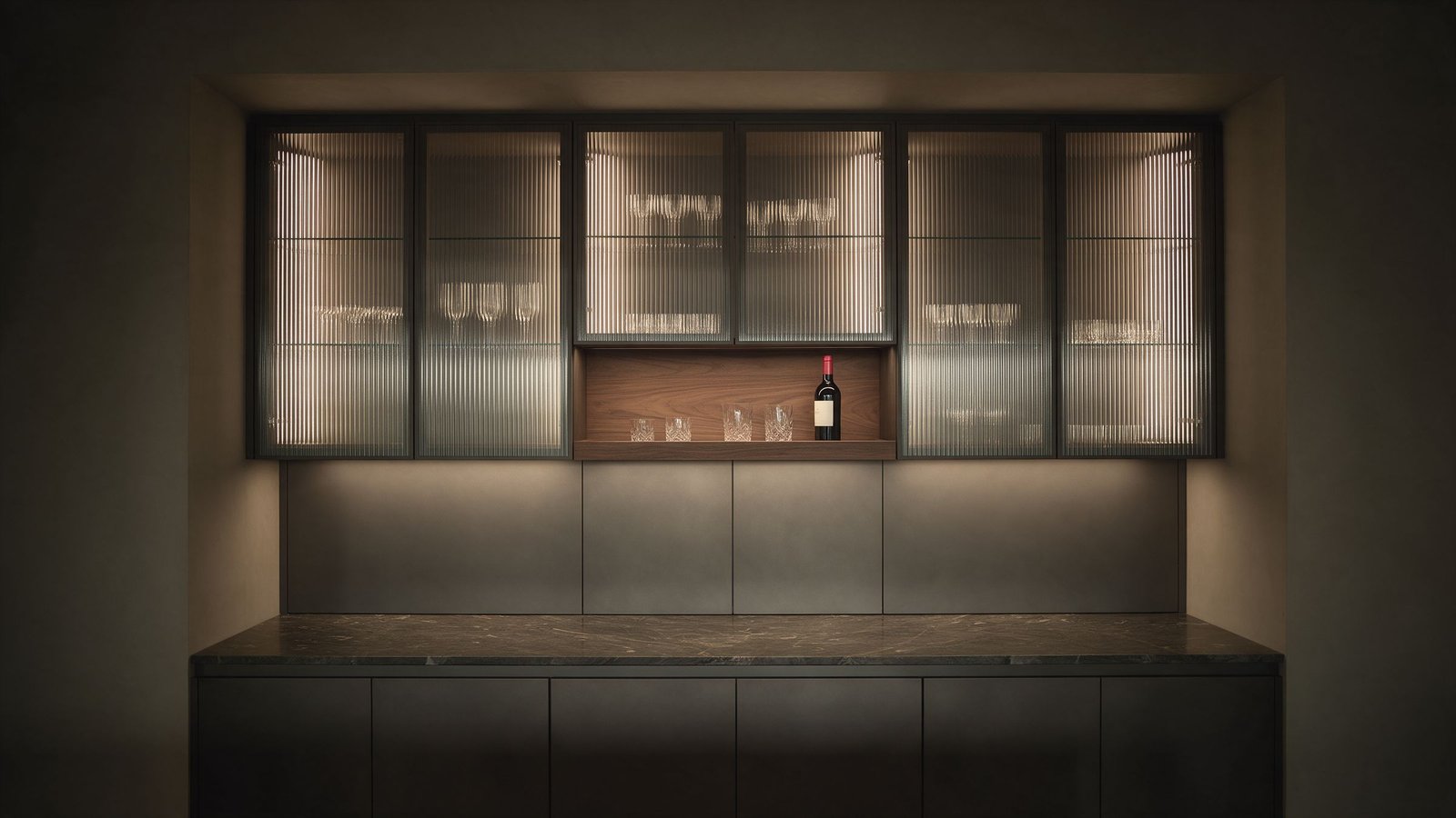 Fluted glass bar cabinets glowing at night