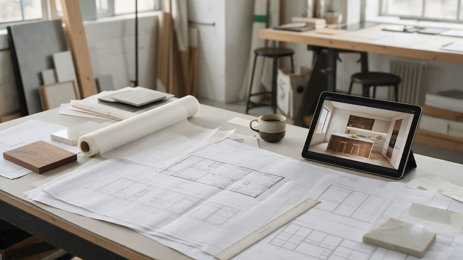 Architectural plans and material samples